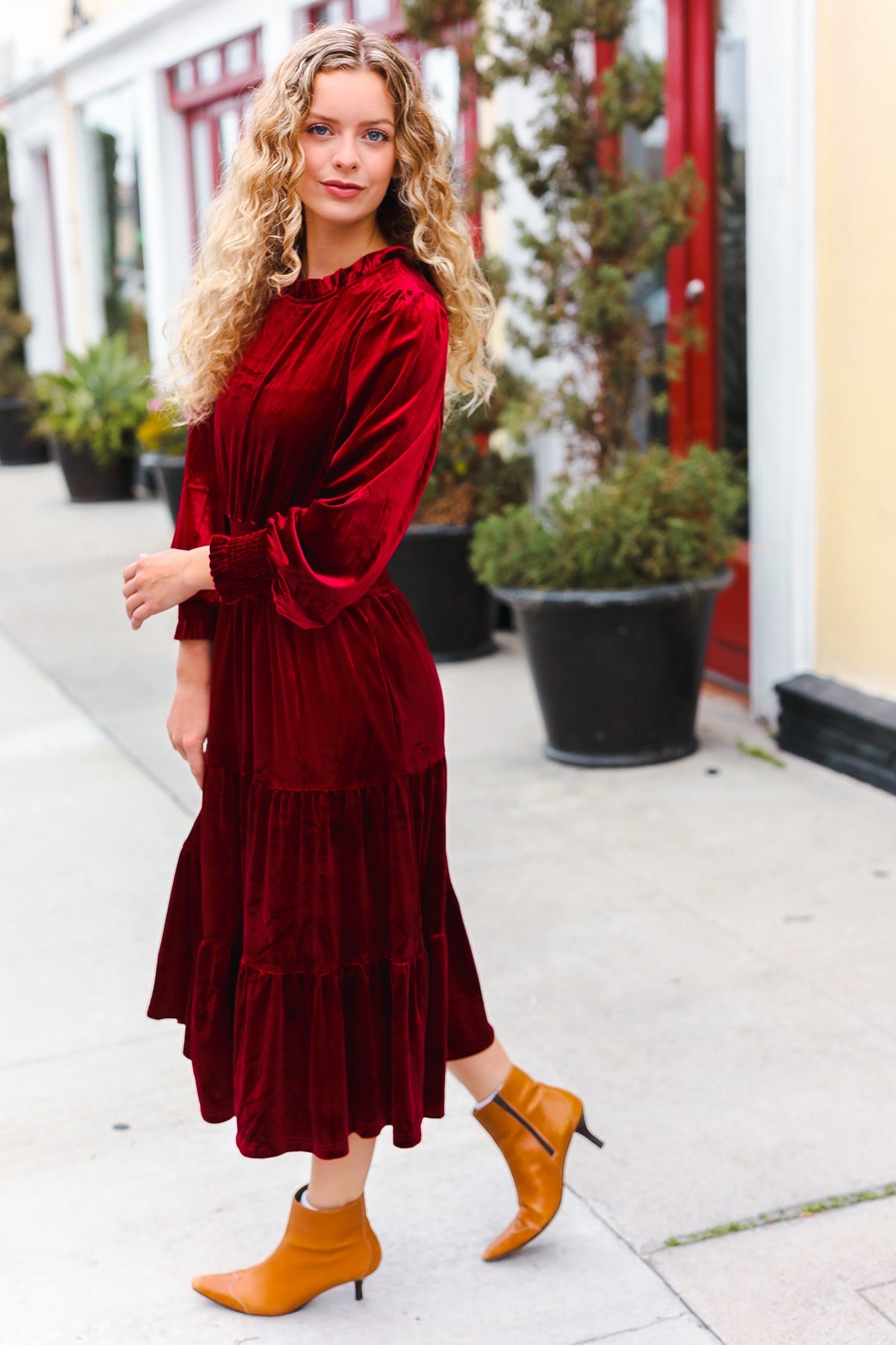 Holiday Dreaming Burgundy Velvet Mock Neck Smocked Waist Dress