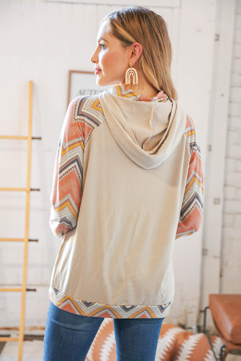 Taupe Chevron Color Block Zipper Hoddie