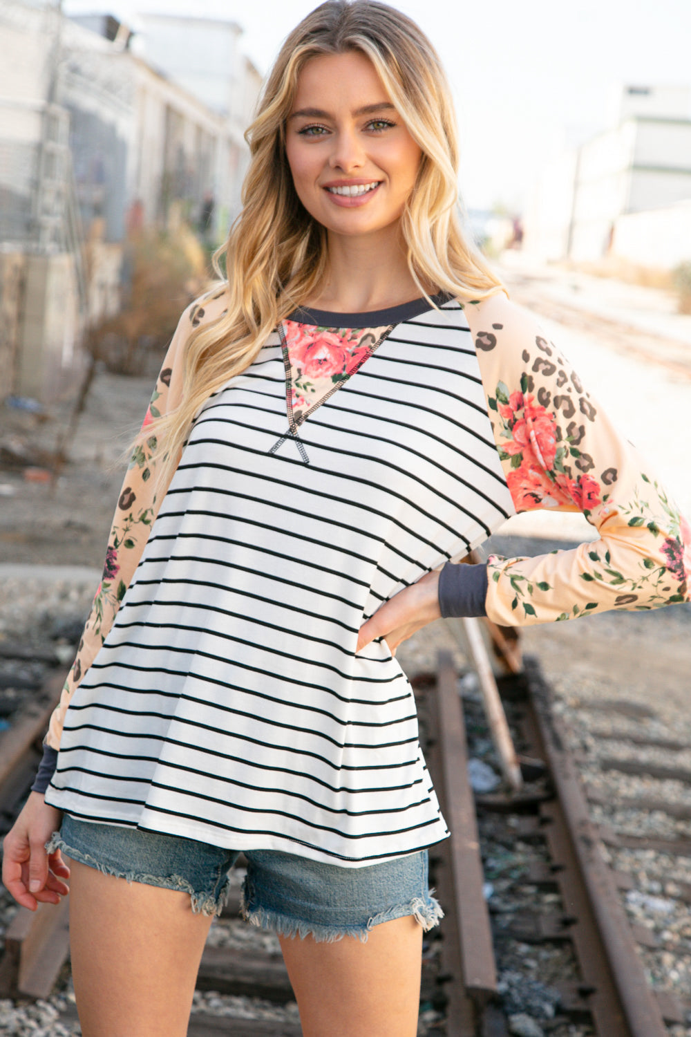 Stripe and Peach Leopard Floral Color Block Top