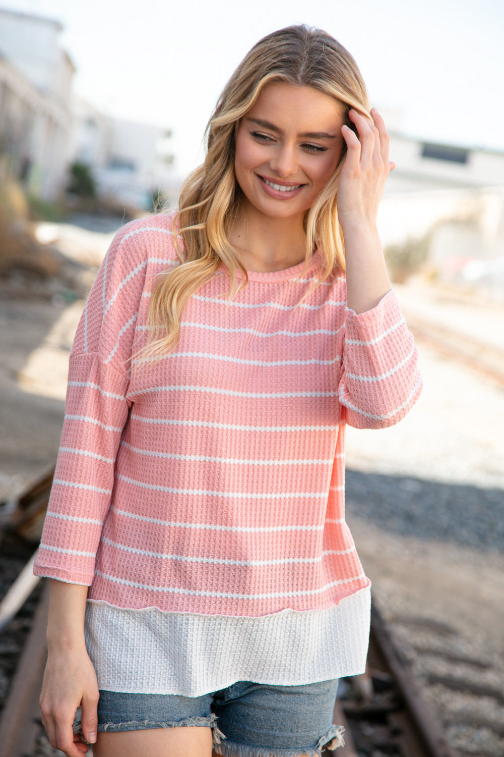 Blush Stripe Waffle Textured Back Keyhole Top