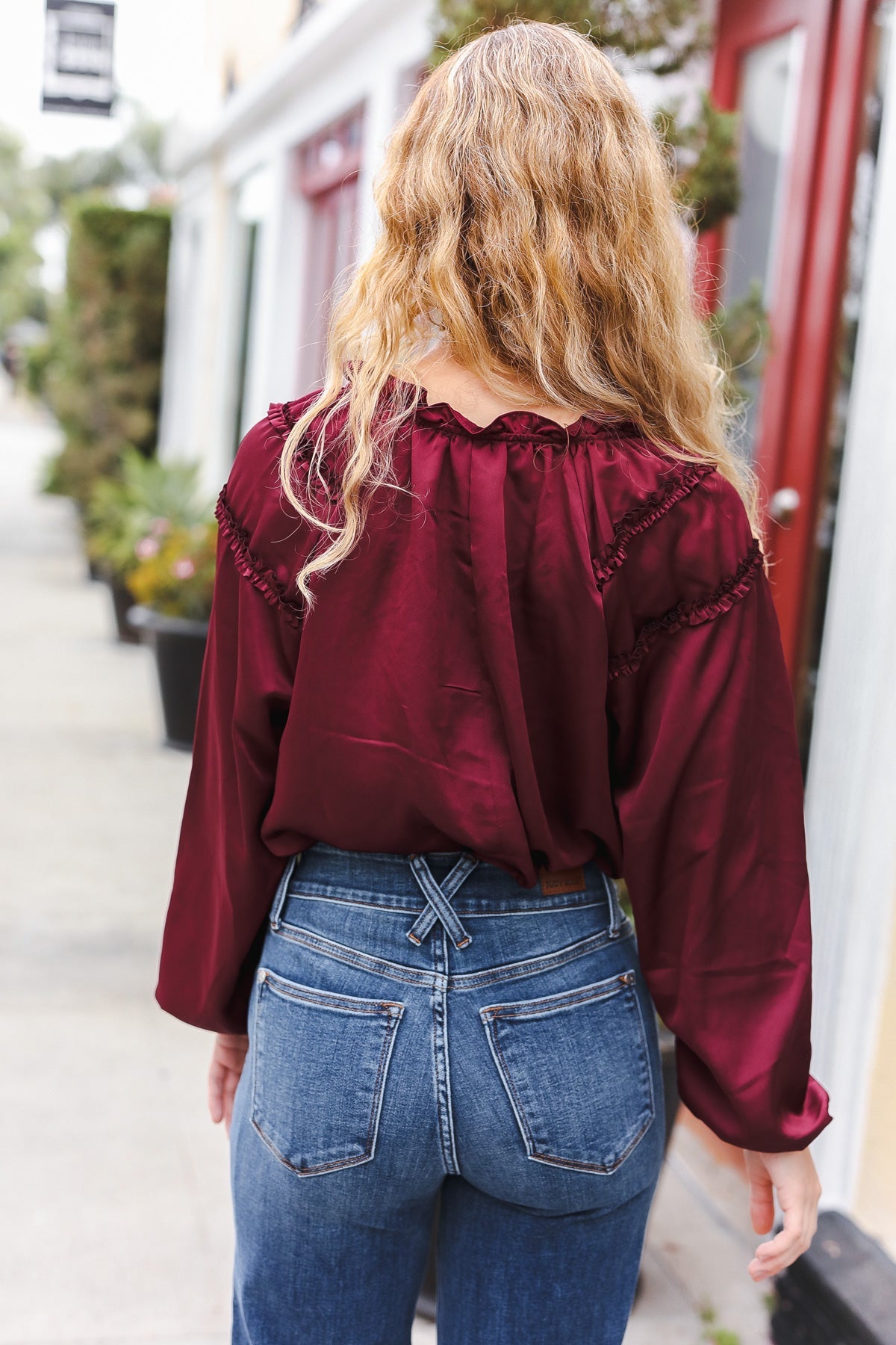 Holiday Vibes Burgundy Frill Detail Tie Neck Satin Top