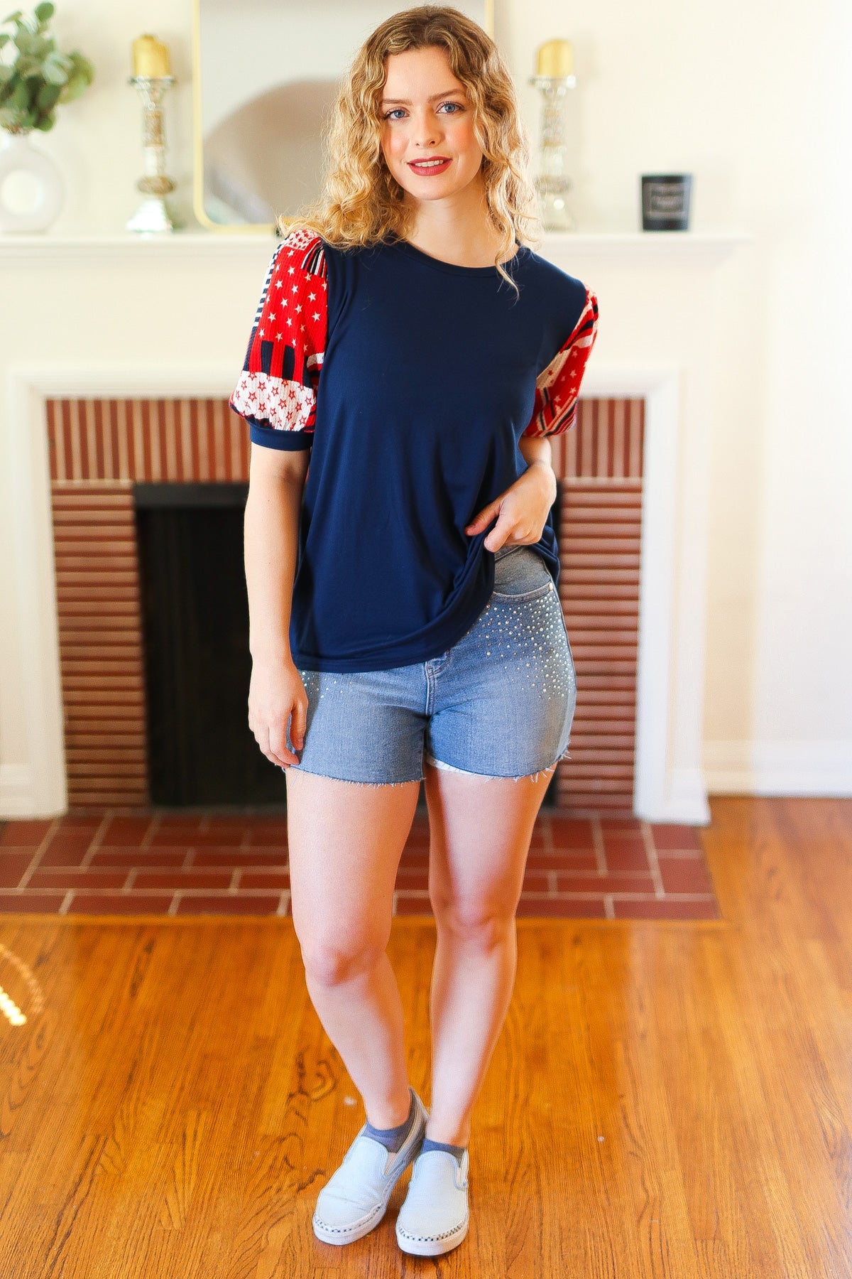 Stand-Out Navy Patriotic Patchwork Puff Sleeve Top