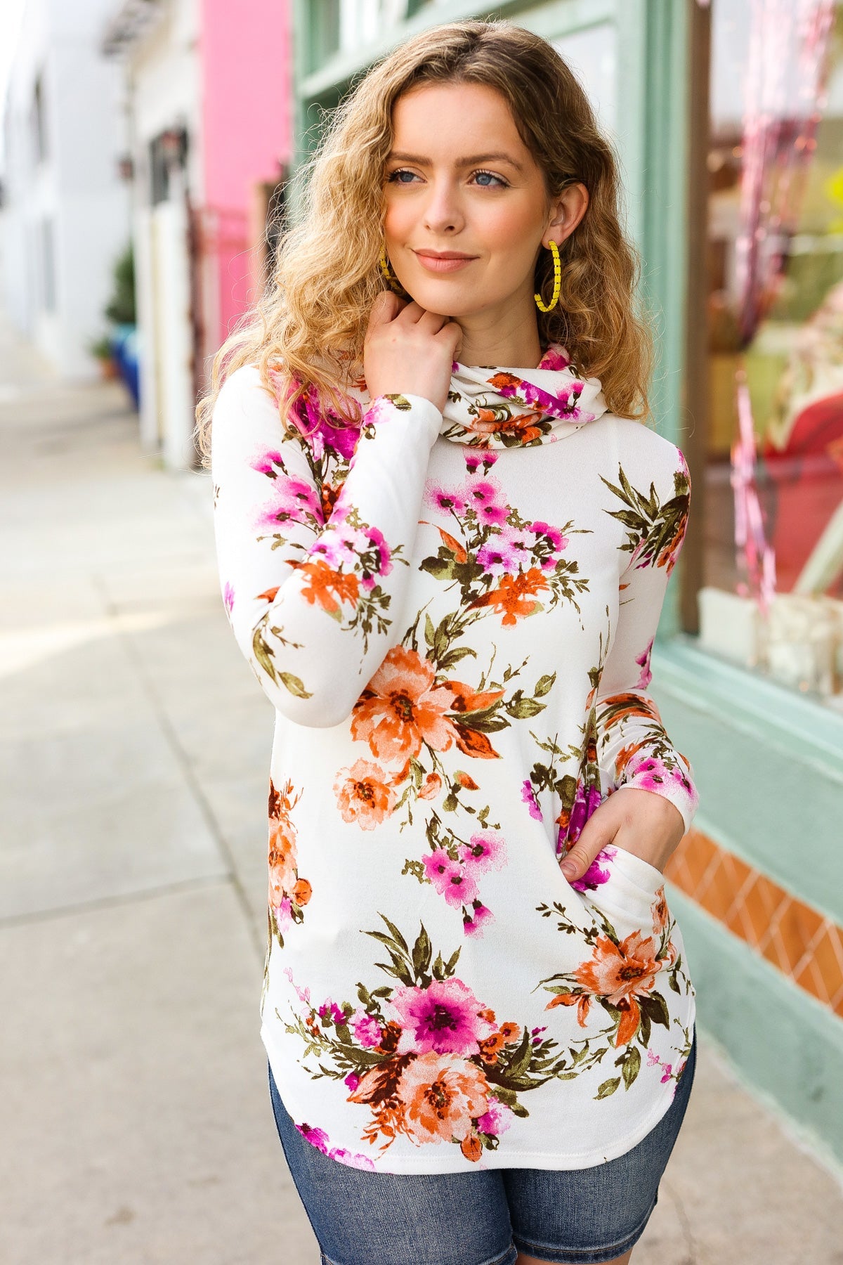 Just My Type Cream Floral Cowl Neck Sweater Top