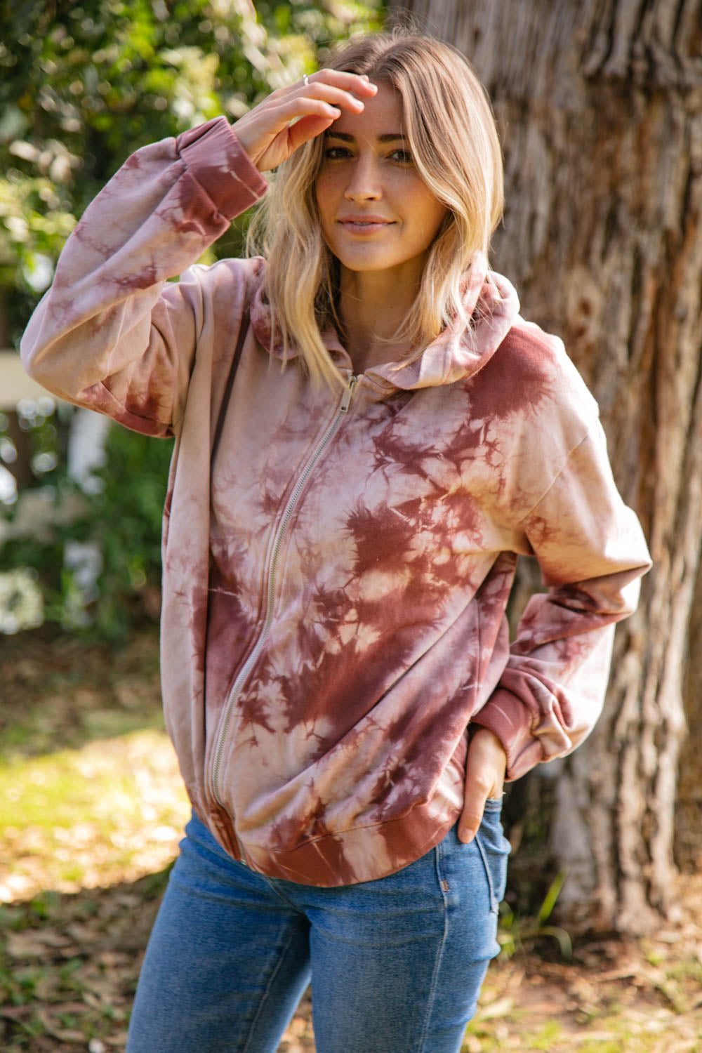 Mauve Tie Dye Front Zipper Hoodie