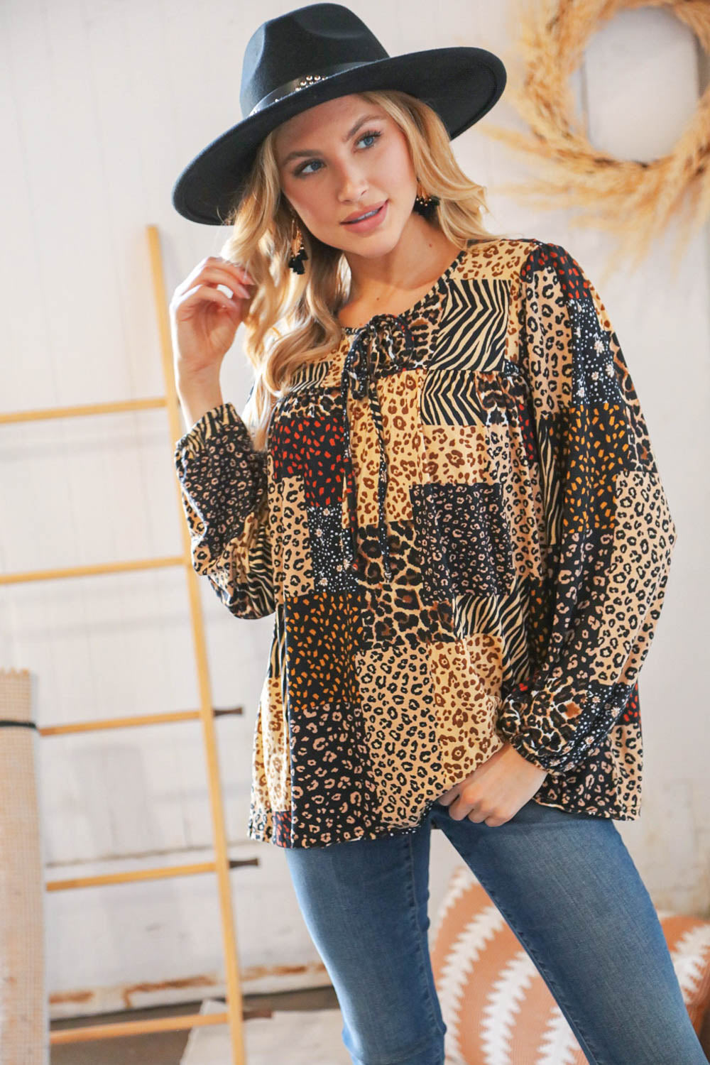 Black & Taupe Multi Leopard Patchwork Yoke Tie String Top