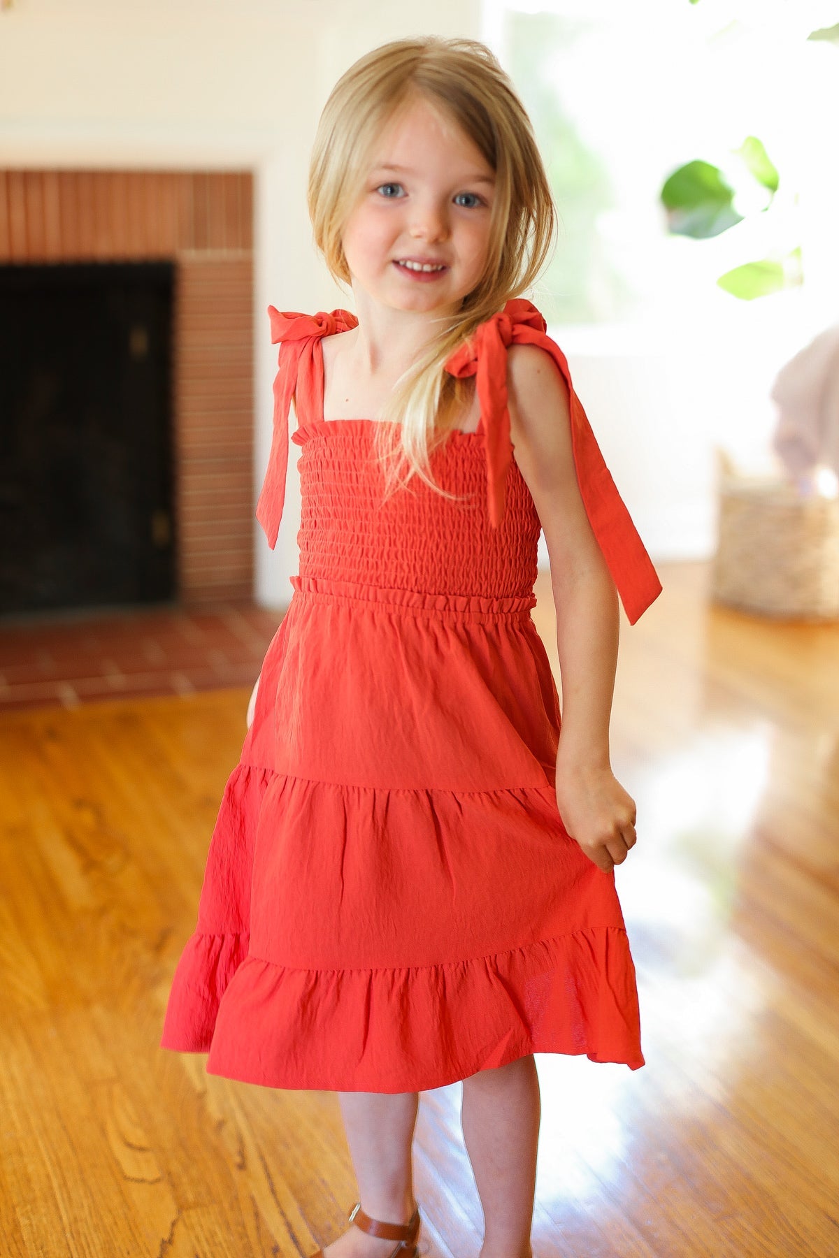 Kids Darling Paprika Crepe Tiered Smocked Shoulder Tie Dress