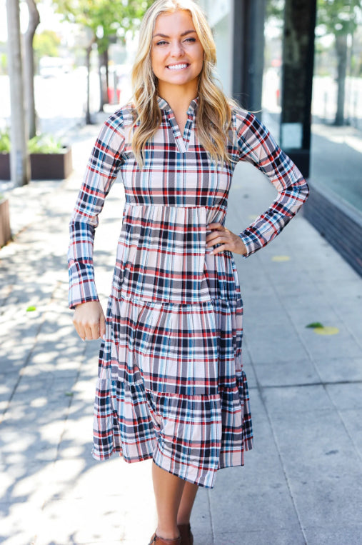 Feeling Joyful Taupe Plaid Notched Neck Tiered Dress