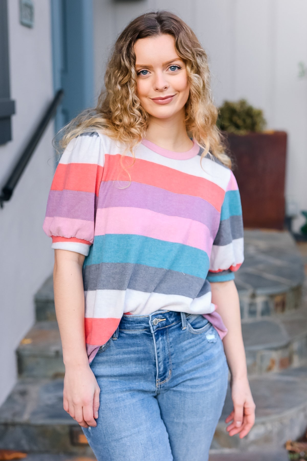 Look Out Teal & Rose Striped Hacci Knit Puff Sleeve Top