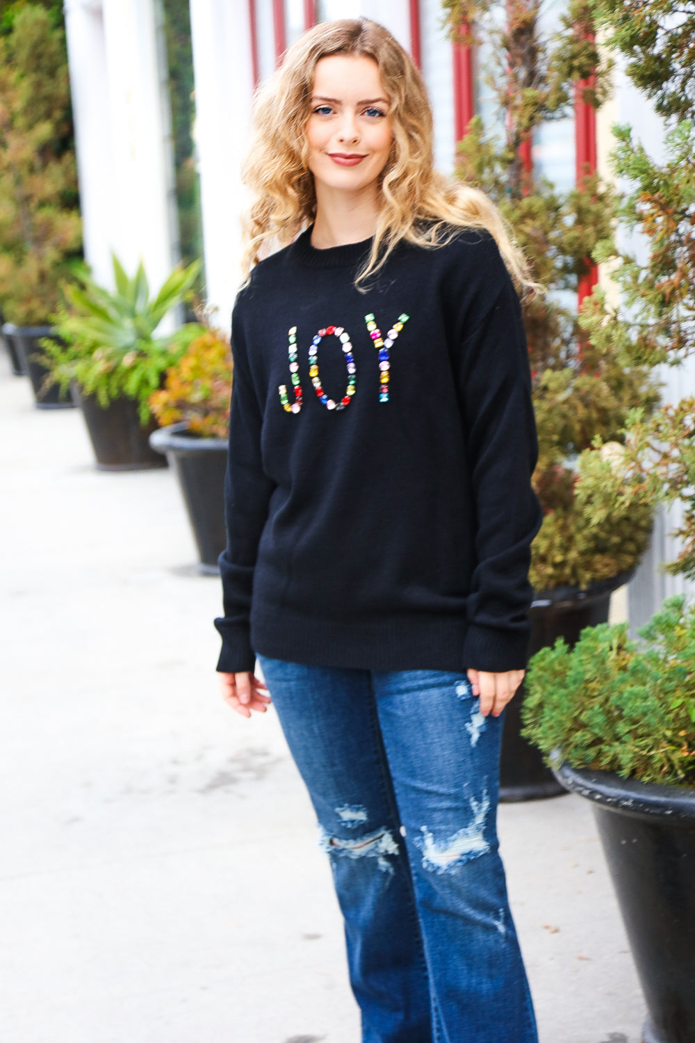 Give Back JOY Jewel Beaded Black Sweater