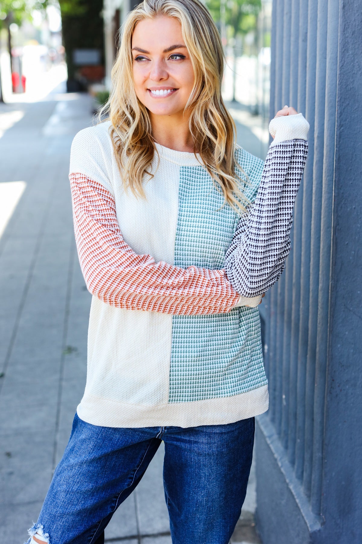 Rust & Olive Two-Tone Knit Color Block Top