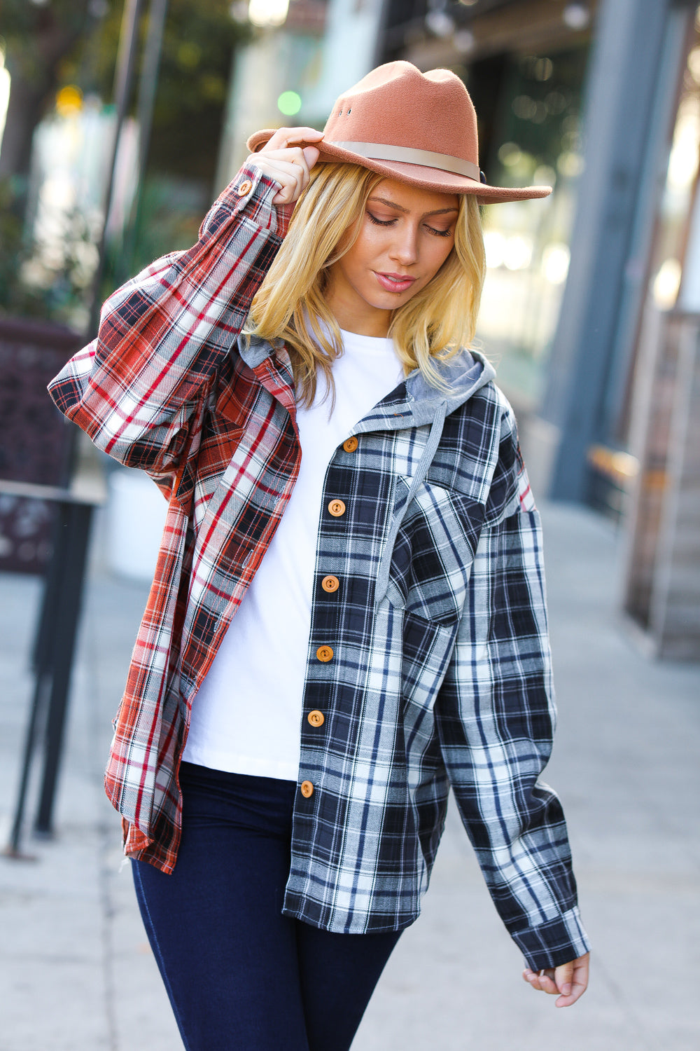 Rust & Charcoal Plaid Colorblock Hoodie Shacket