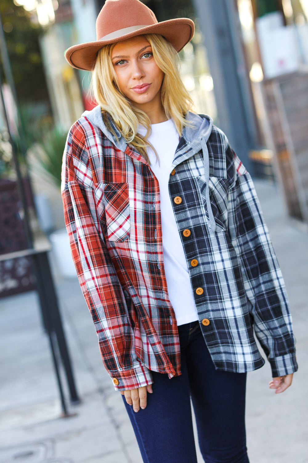 Rust & Charcoal Plaid Colorblock Hoodie Shacket