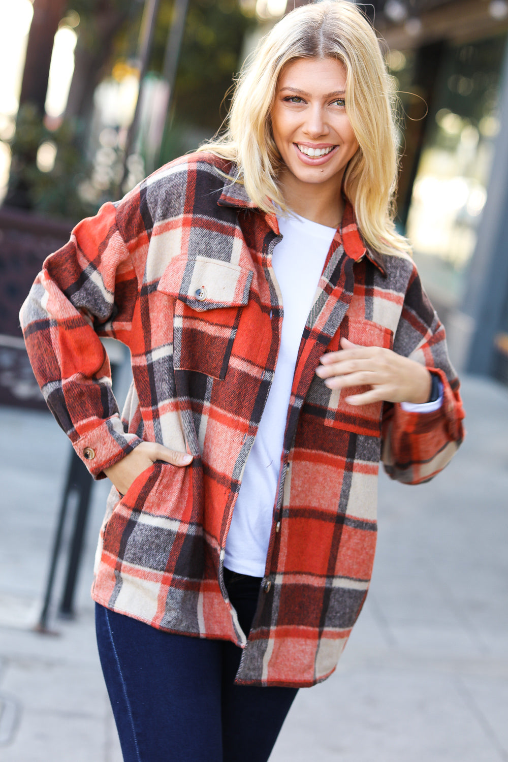 Rust Plaid Flannel Button Down Shacket