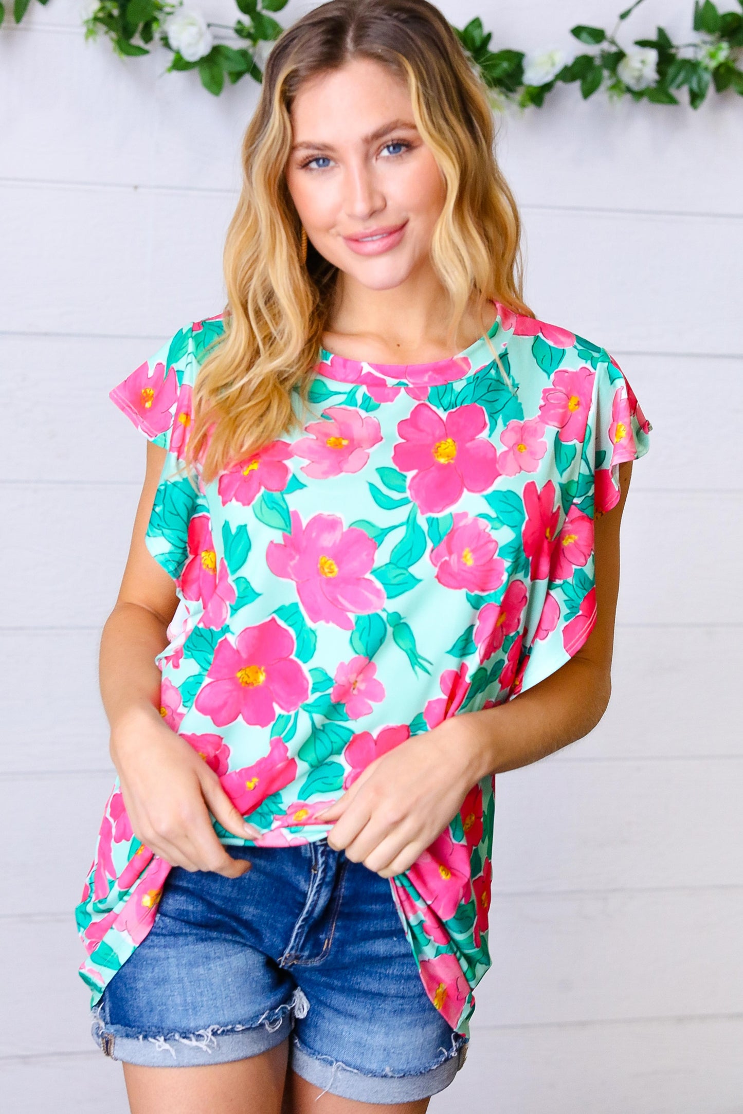 Mint & Fuchsia Floral Ruffle Sleeve Top