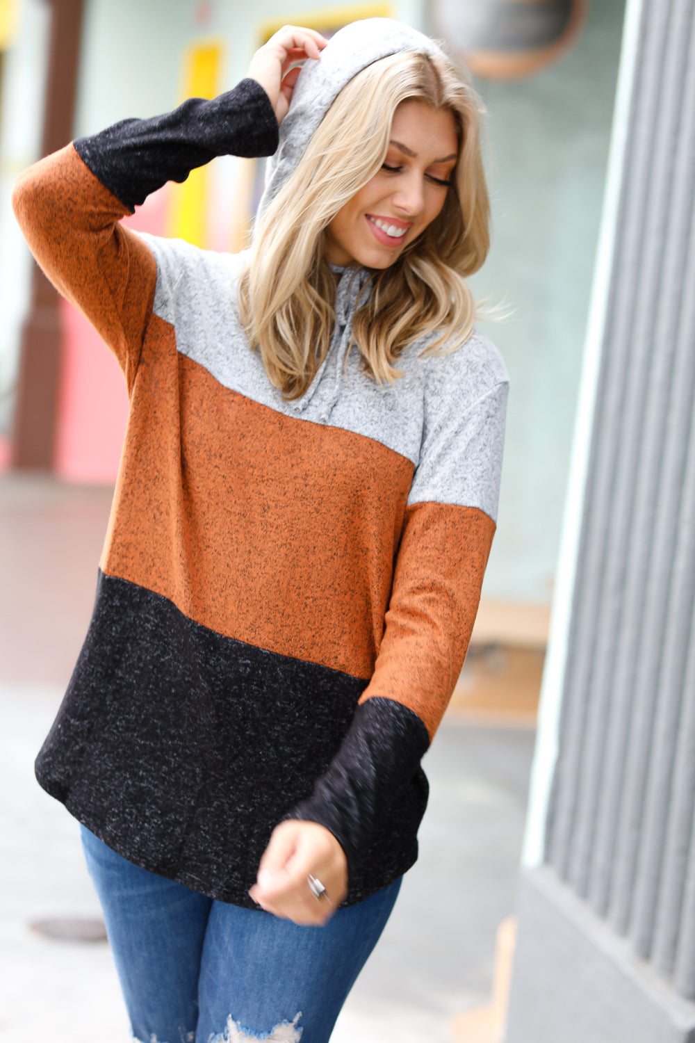 Heather Grey & Rust Color Block Hoodie Top