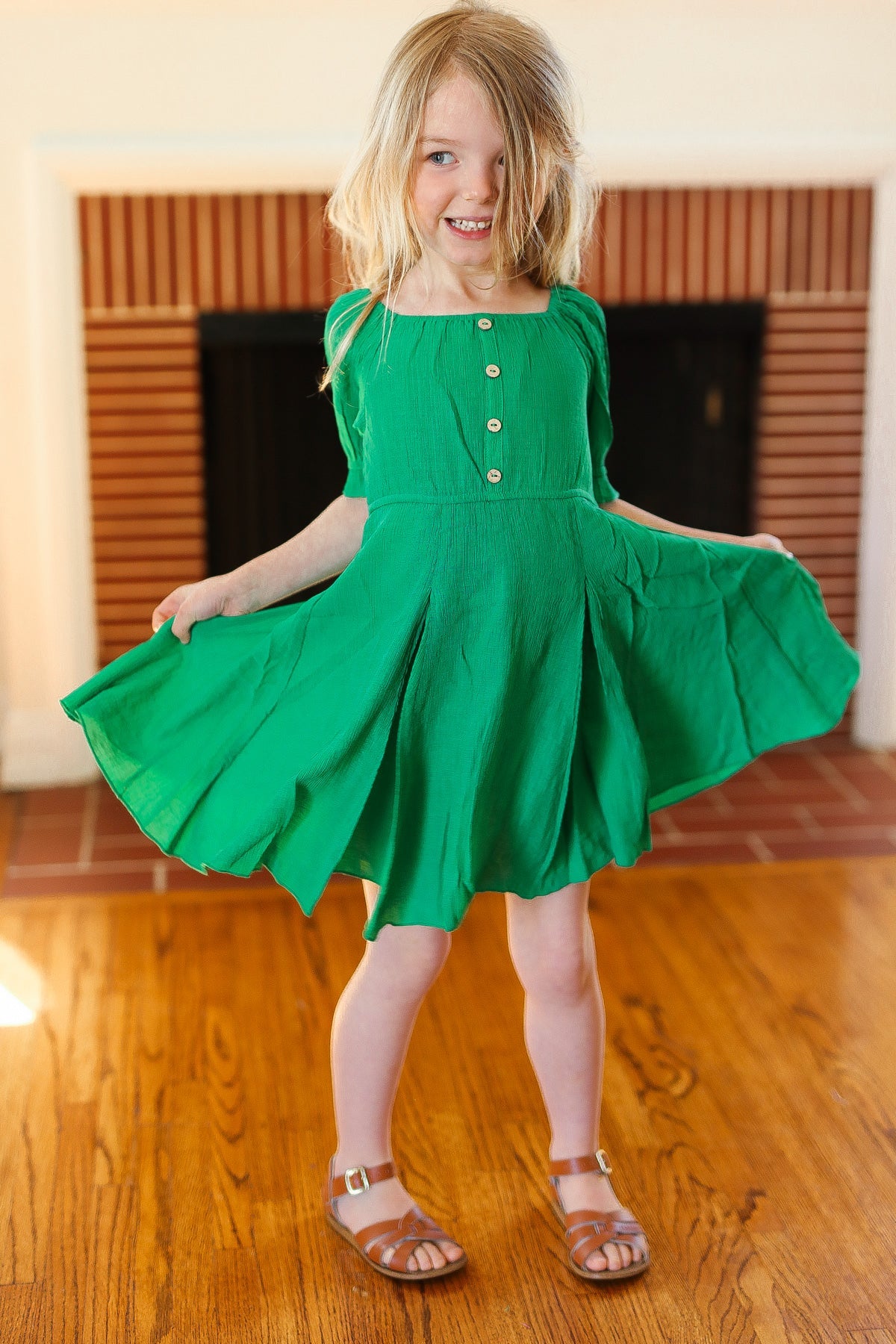 Kids Adorable Green Button Square Neck Ruche Back Dress