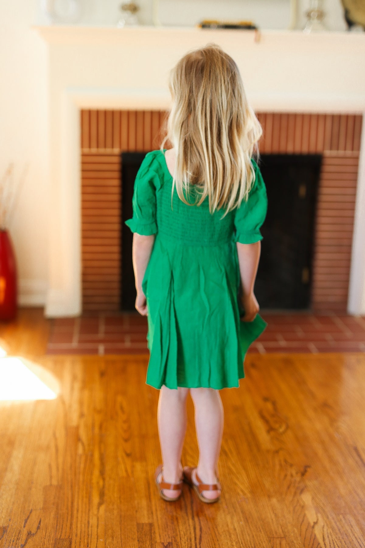 Kids Adorable Green Button Square Neck Ruche Back Dress