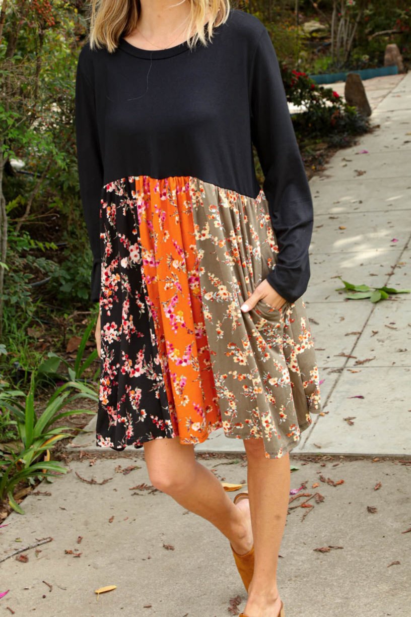 Floral Vertical Color Block Midi Dress