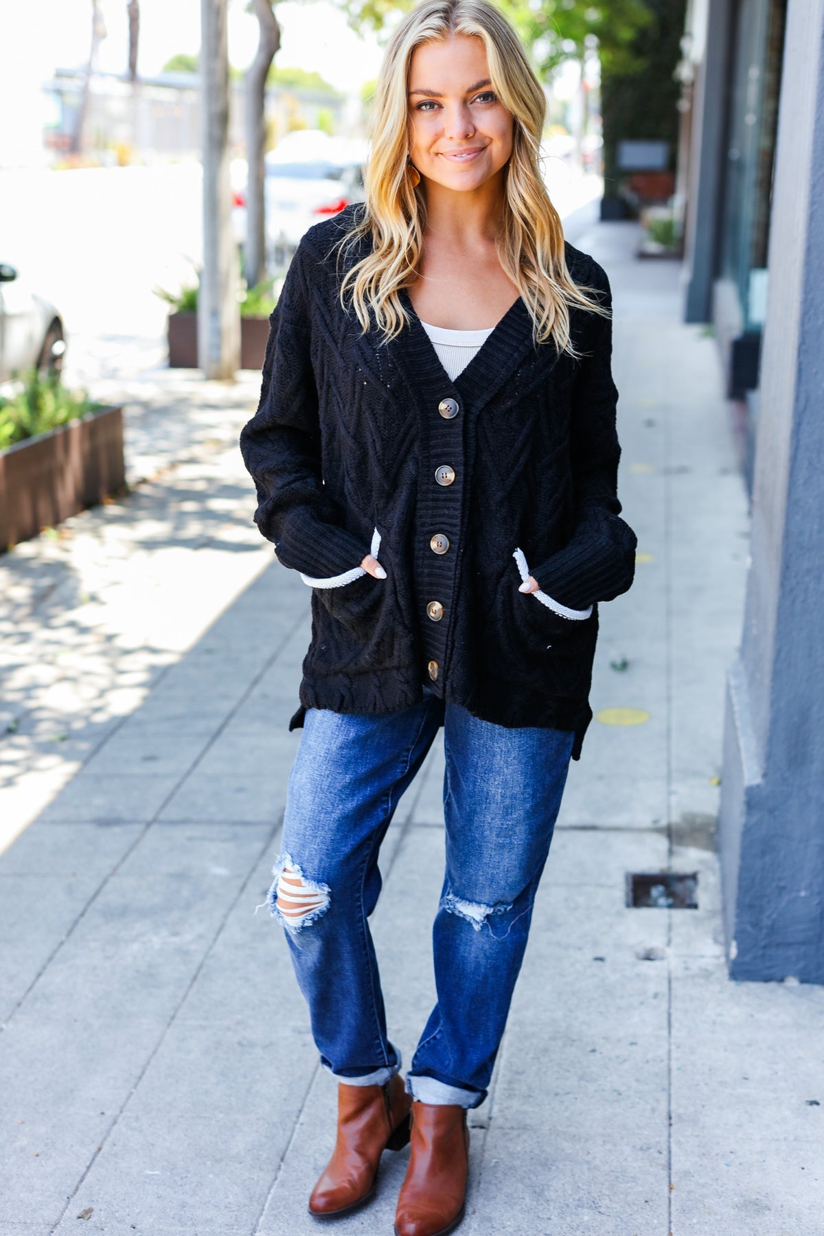 Black Button Down Boyfriend Cardigan