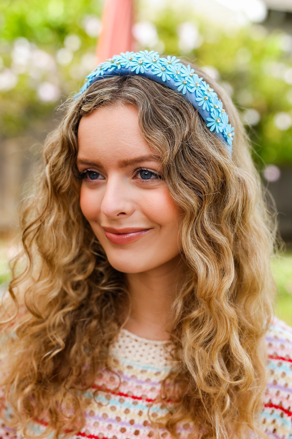 Blue Satin Daisy Rhinestone Headband