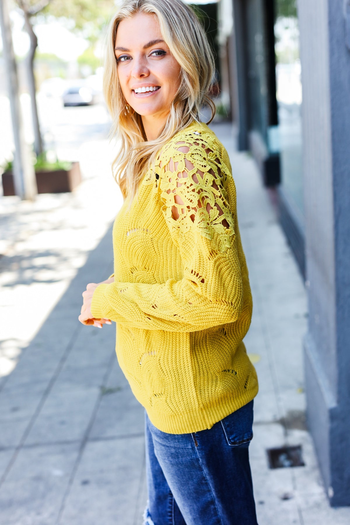 Mustard Pointelle Lace Shoulder Knit Sweater