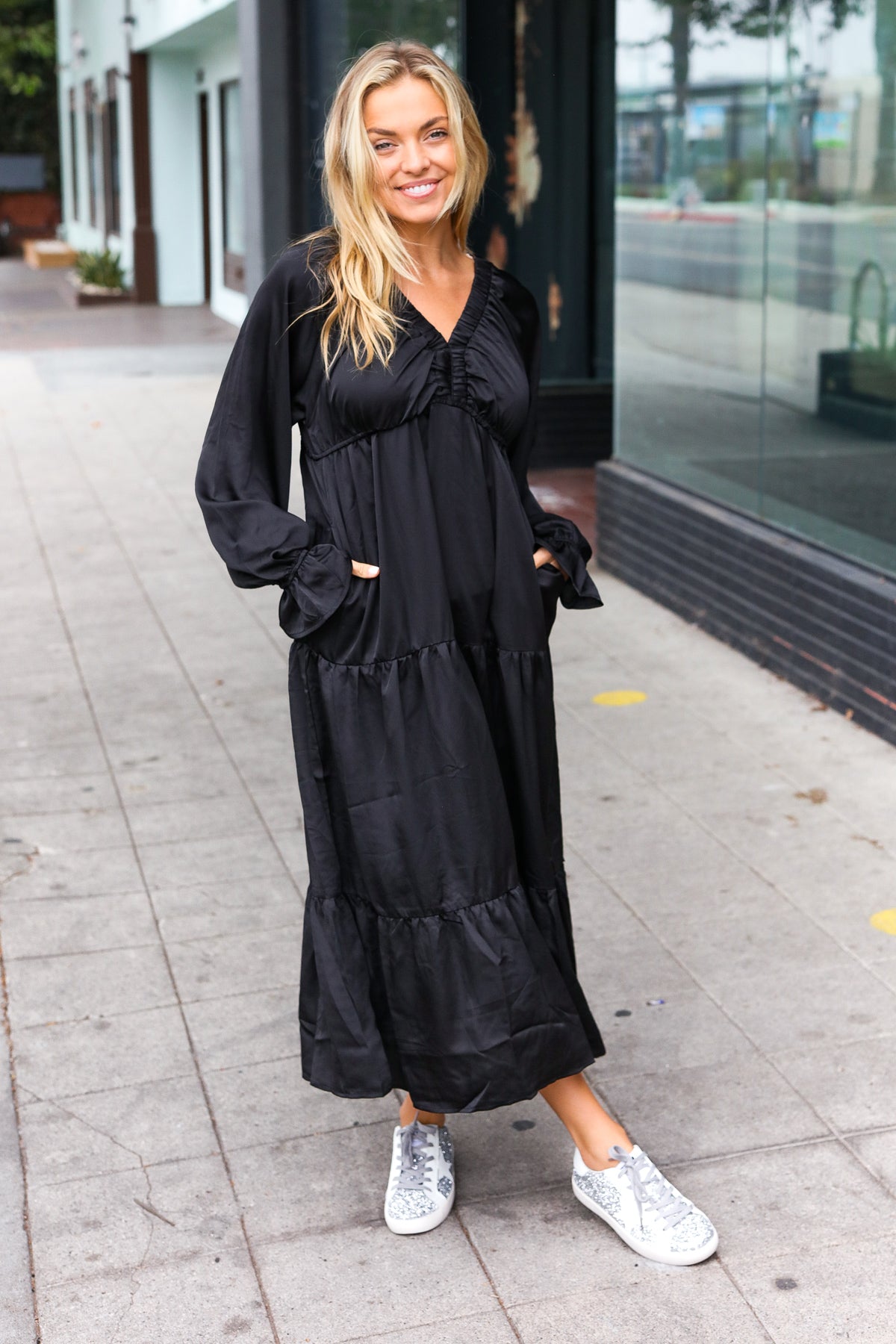 Elegant Black Elastic V Neck Tiered Satin Maxi Dress