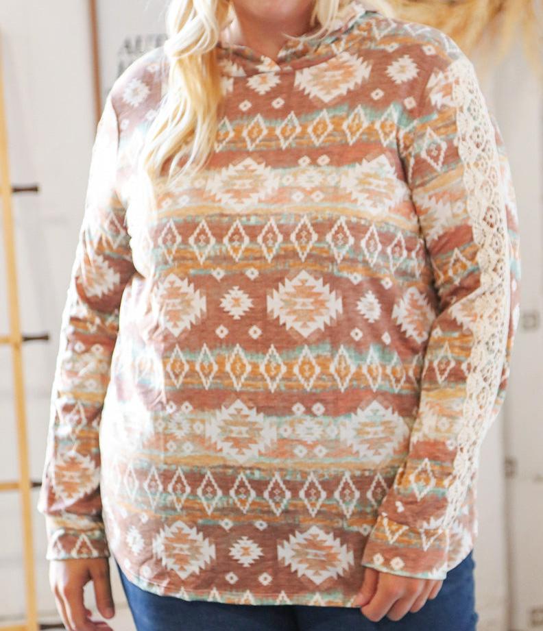 Taupe Aztec Print Lace Embellished Terry Hoodie