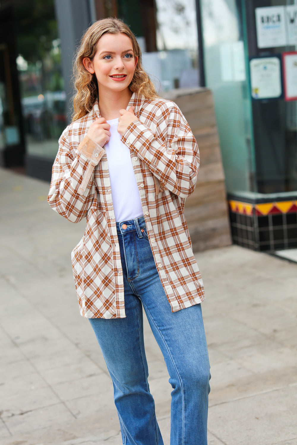 Taupe Plaid Velvet Pocket Button Down Top