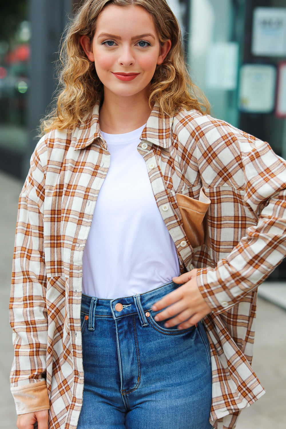 Taupe Plaid Velvet Pocket Button Down Top