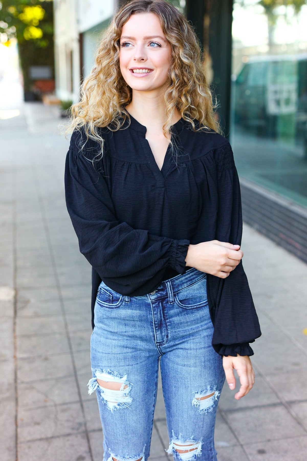 Boho Vibes Black Notched Neck Smocked Bubble Sleeve Top