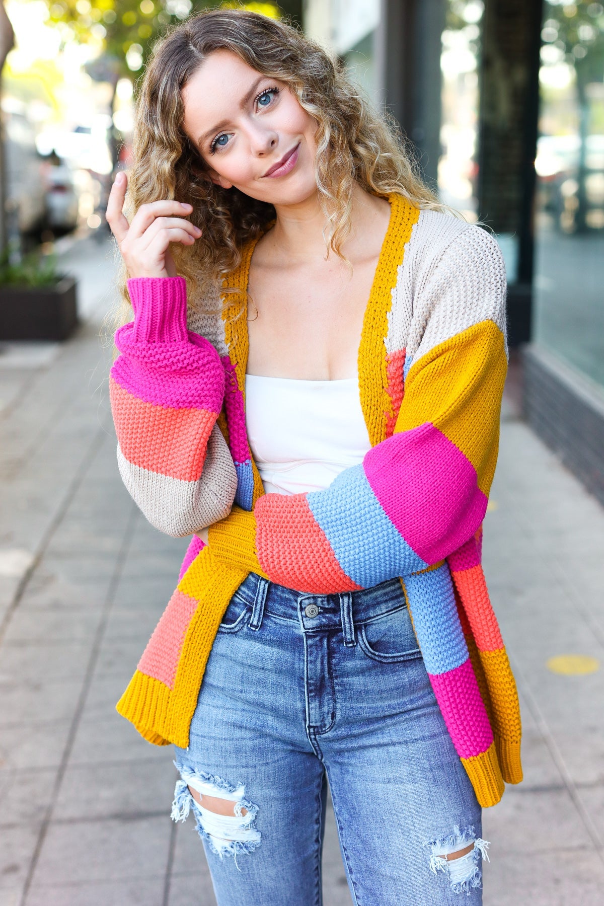 Spread Joy Multicolor Chunky Knit Color Block Patchwork Cardigan