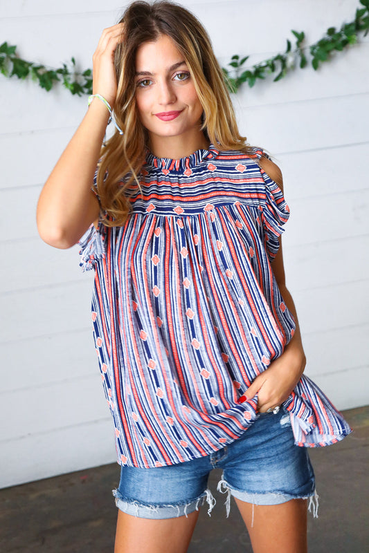 Navy & Orange Boho Stripe Flutter Sleeve Top