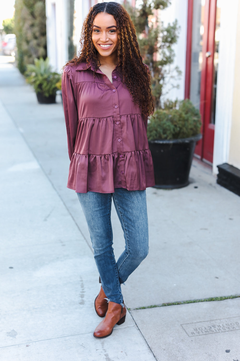 Perfectly You Burgundy Button Down Tiered Babydoll Satin Top