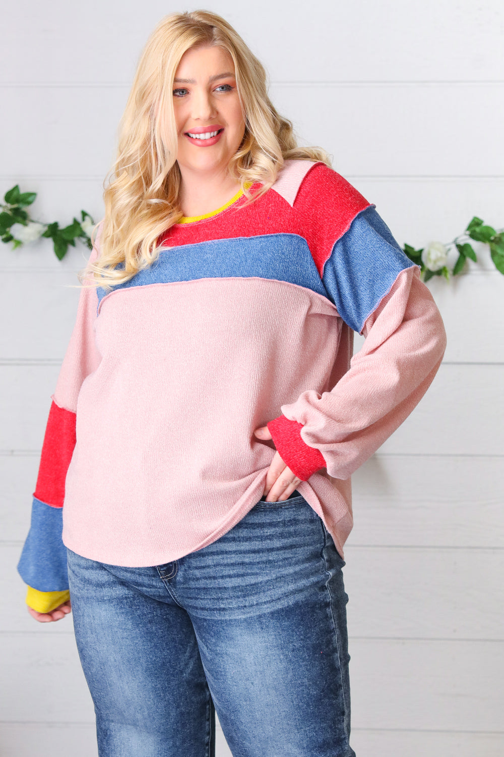 Pink Thermal Corded Colorblock Outseam Top