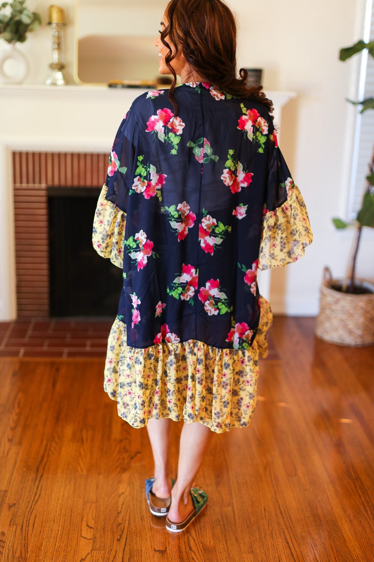 Navy & Yellow Colorblock Floral Chiffon Ruffle Kimono