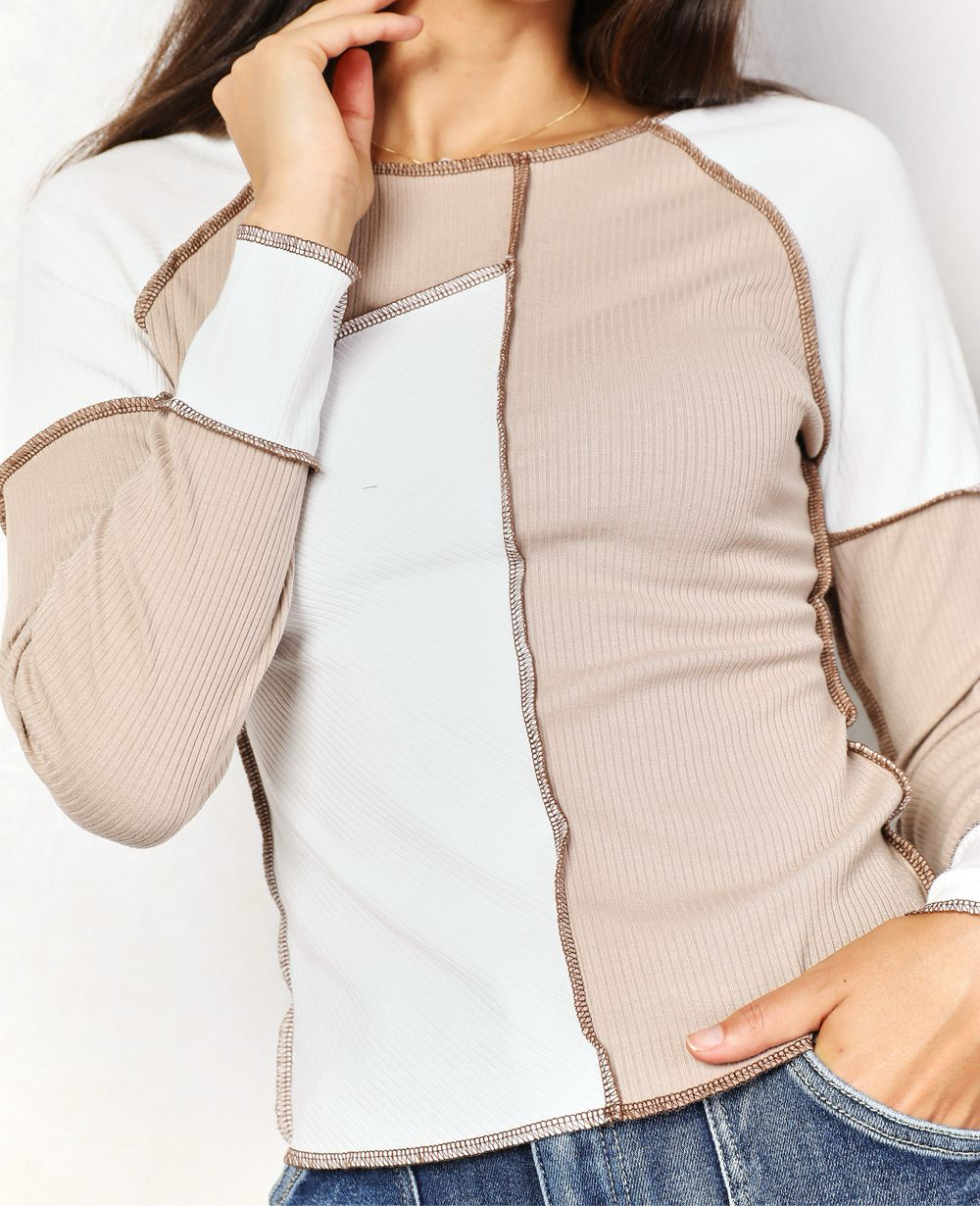 Khaki Color Block Exposed Seam Top