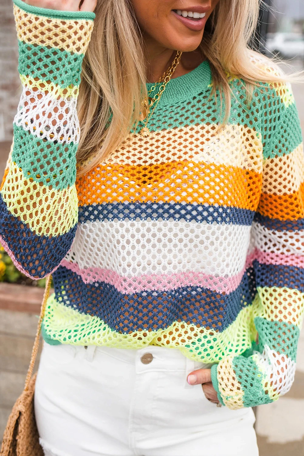 Colorblock Striped Hollow Knitted Top