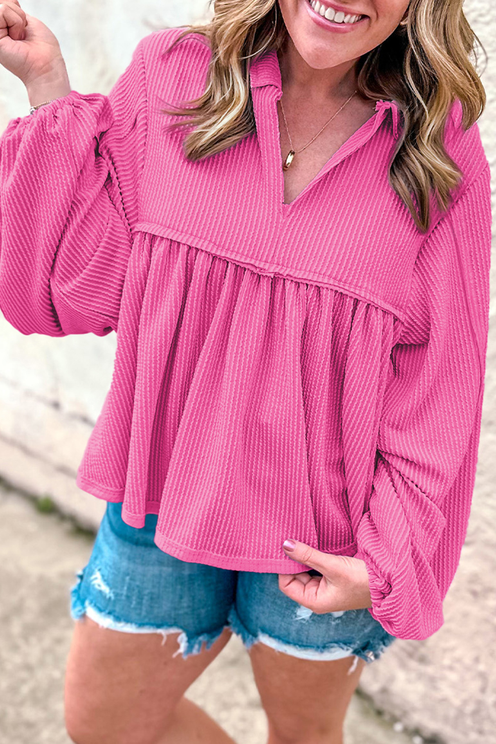 Corded Turn-down Babydoll Blouse