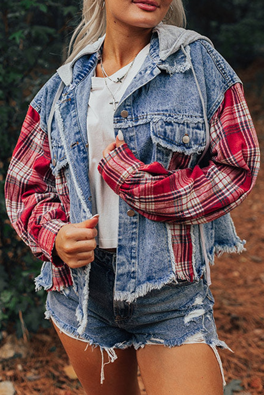 Plaid Patchwork Hooded Denim Jacket