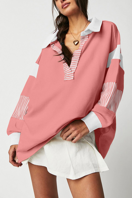 Striped Colorblock Patchwork Collar Sweatshirt