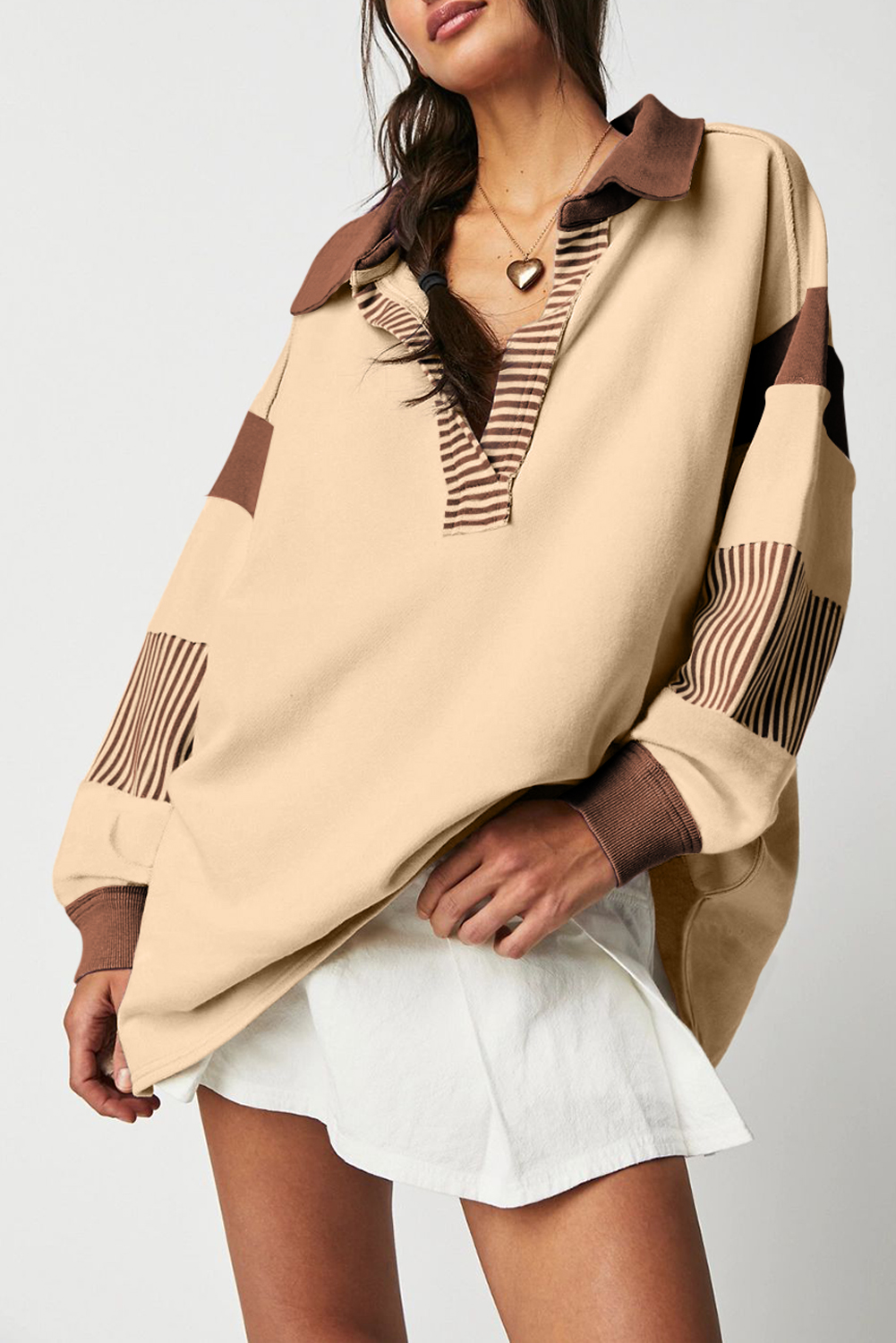 Striped Colorblock Patchwork Collar Sweatshirt