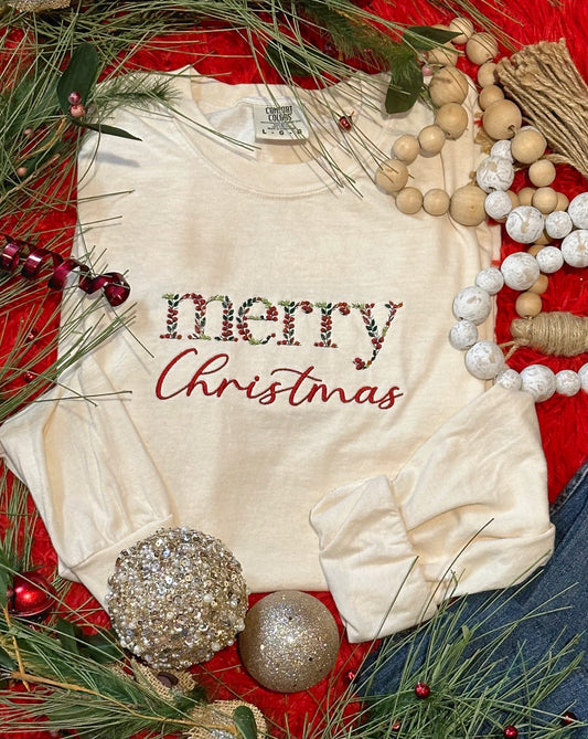 Embroidered Merry Christmas Long Sleeve Tee