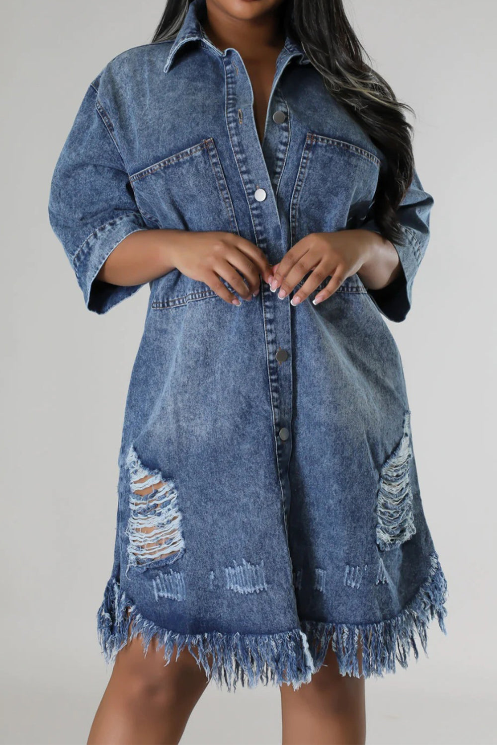 🔷Distressed Raw Hem Button Up Denim Dress