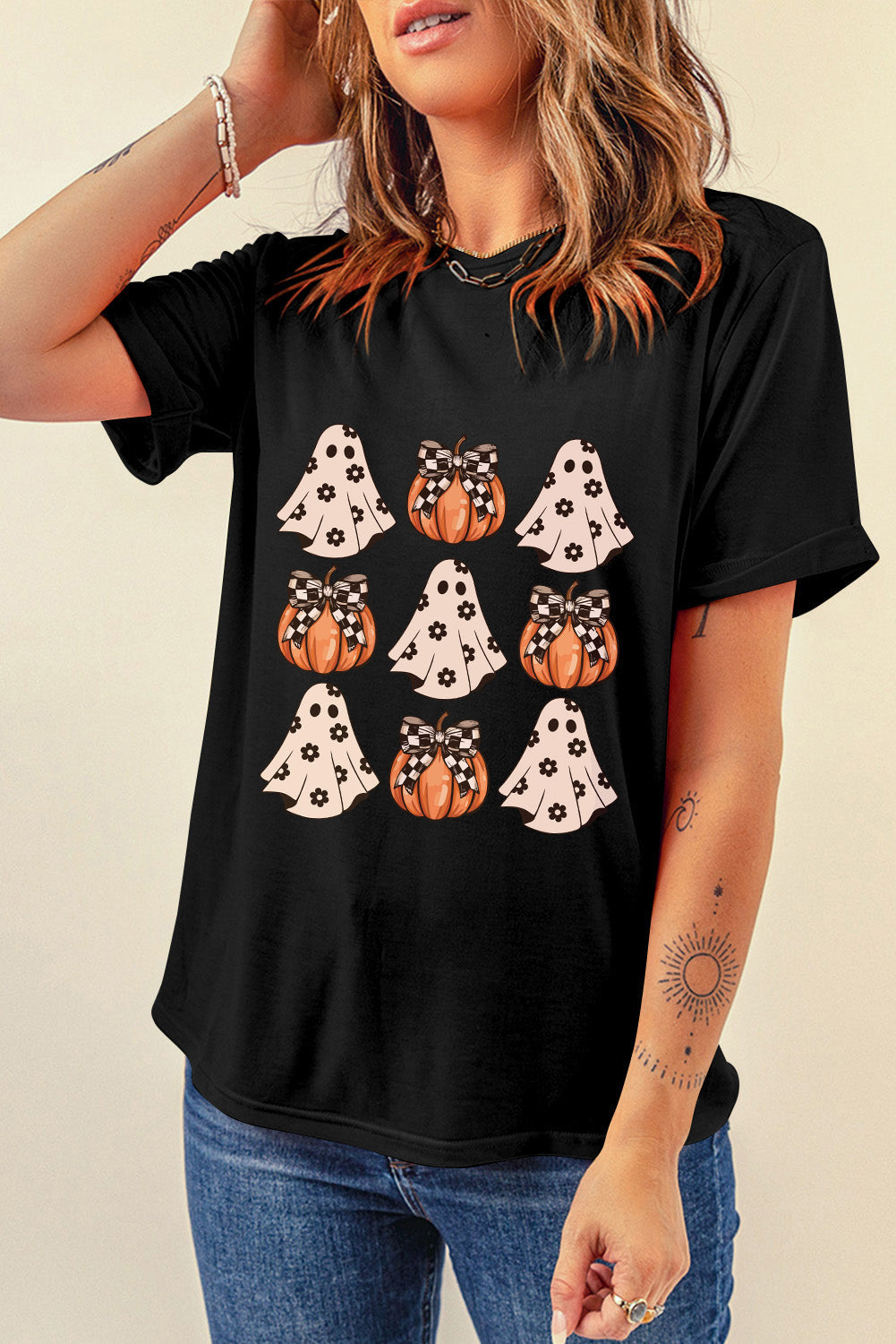 Halloween Ghost Pumpkin Crew Neck T Shirt