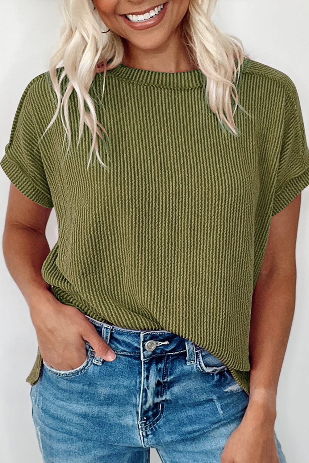 Textured Knit Exposed Stitching T-shirt