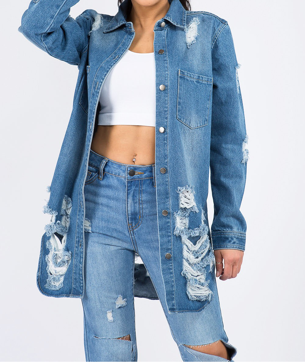 Distressed Button Down Denim Shirt Jacket