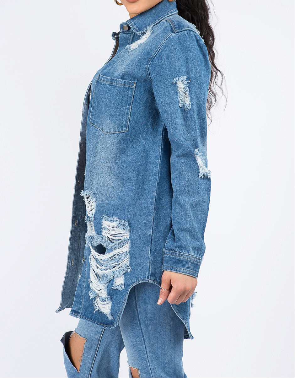 Distressed Button Down Denim Shirt Jacket