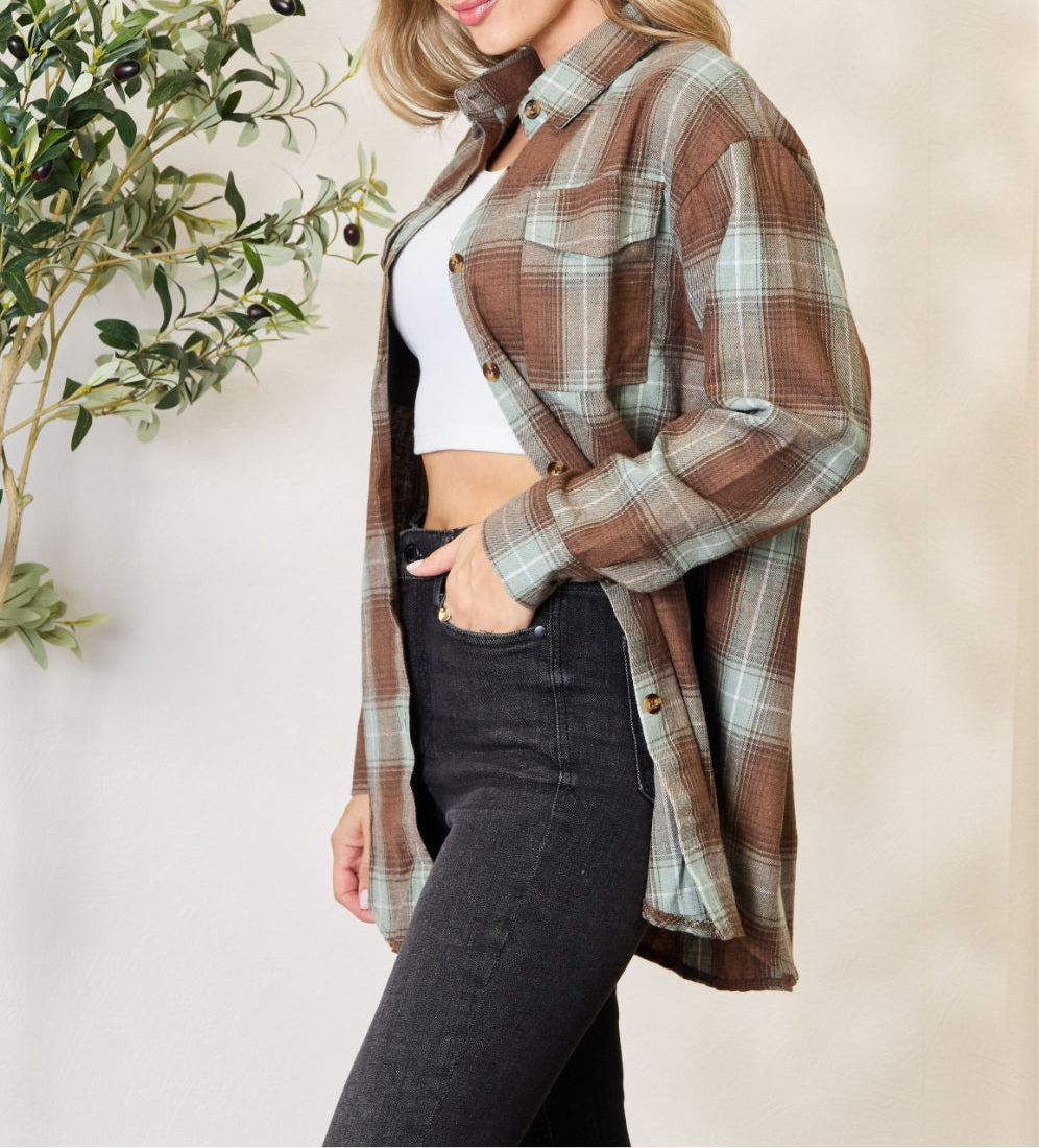 🤎Olive Brown Plaid Dropped Shoulder Shirt