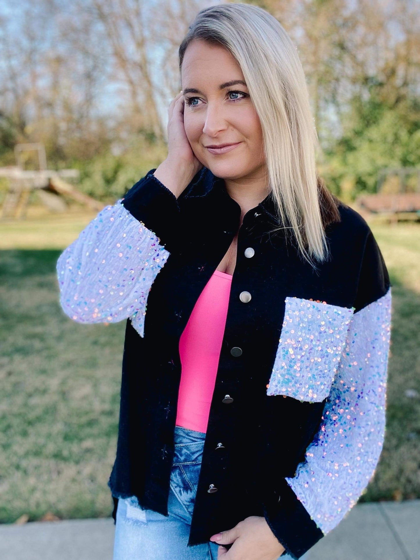 RTS: ARIA denim and Sequin Sleeve Shacket-