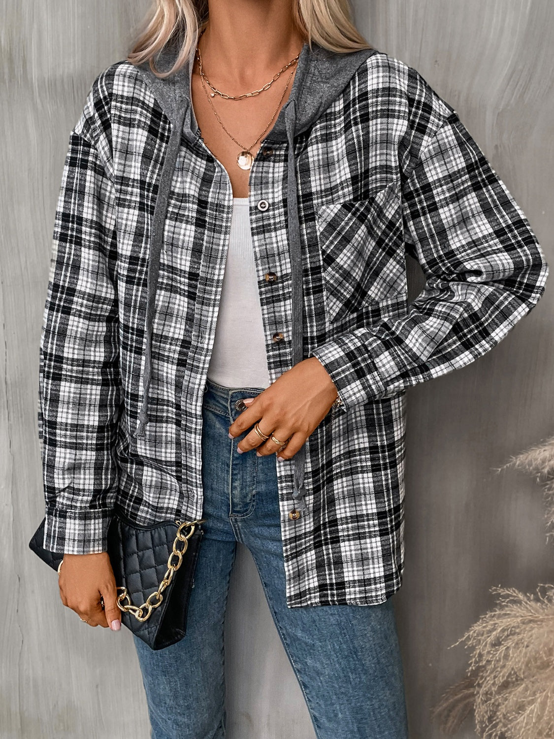 Plaid Long Sleeve Hooded Shirt